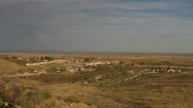 Looking out over White's City RV Park and the start of the Texas plains