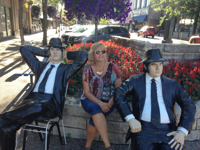 Julie with Blues Brothers statues, Rock Island, IL