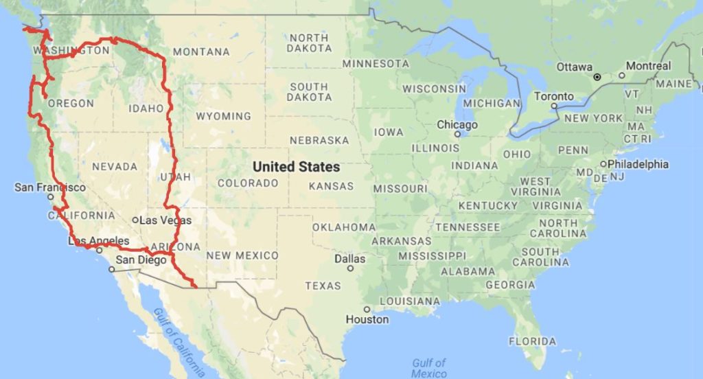 United States map with Travelinas 2016 route