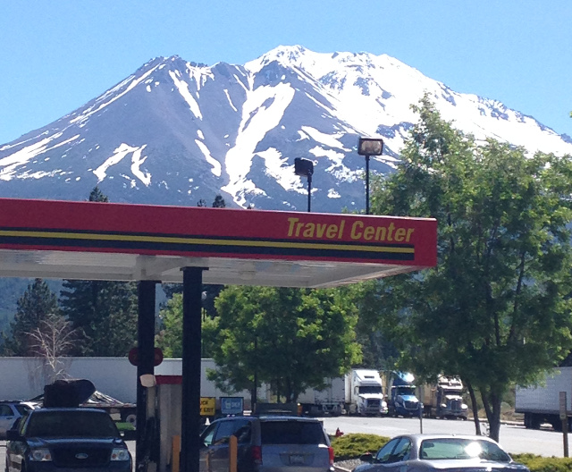Snowy Mt. Shasta above gas station in Weed, CA