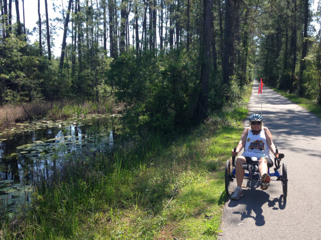 Julie on trike Tammany Trace Trail, Louisiana