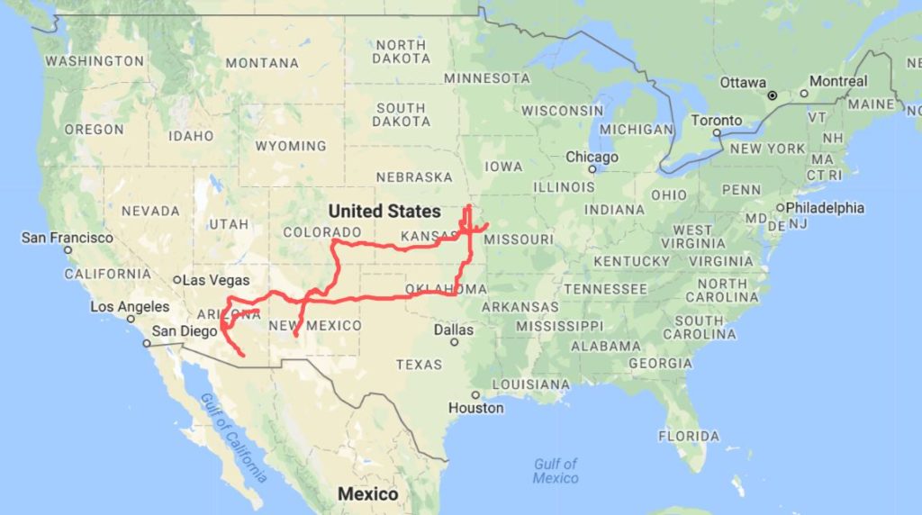 Map of RV route through Midwest